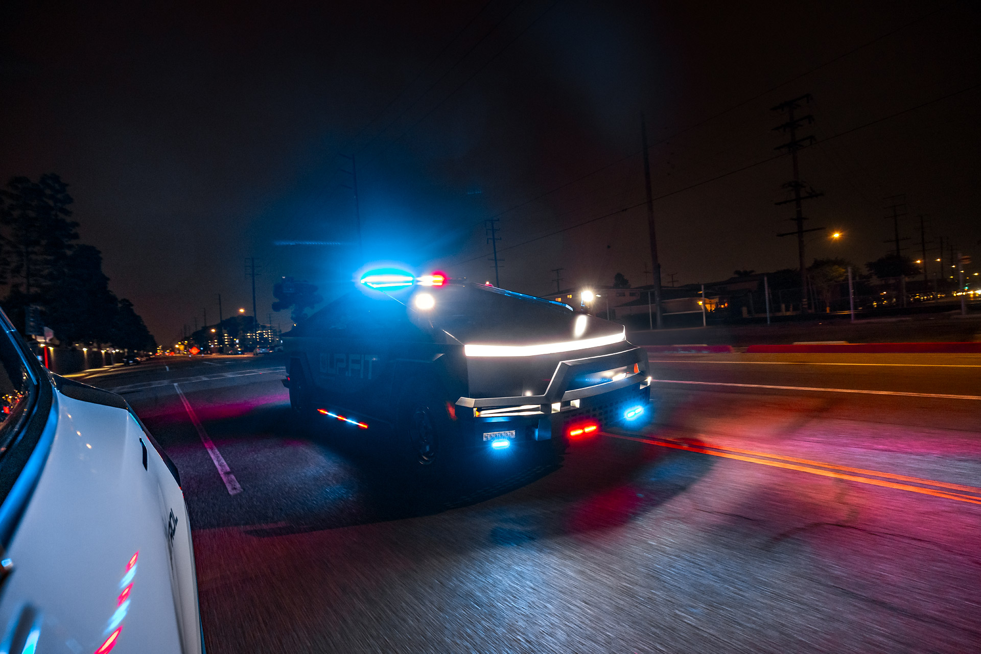 UP.FIT Patrol Cybertruck on patrol — nighttime pursuit